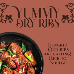 advertisment for the website of yummy dry ribs, picture of ribs on the plate