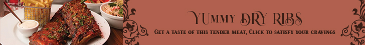 adverstisement for the website, the left side has dry ribs on the plate with fries on the side and the right side has the text